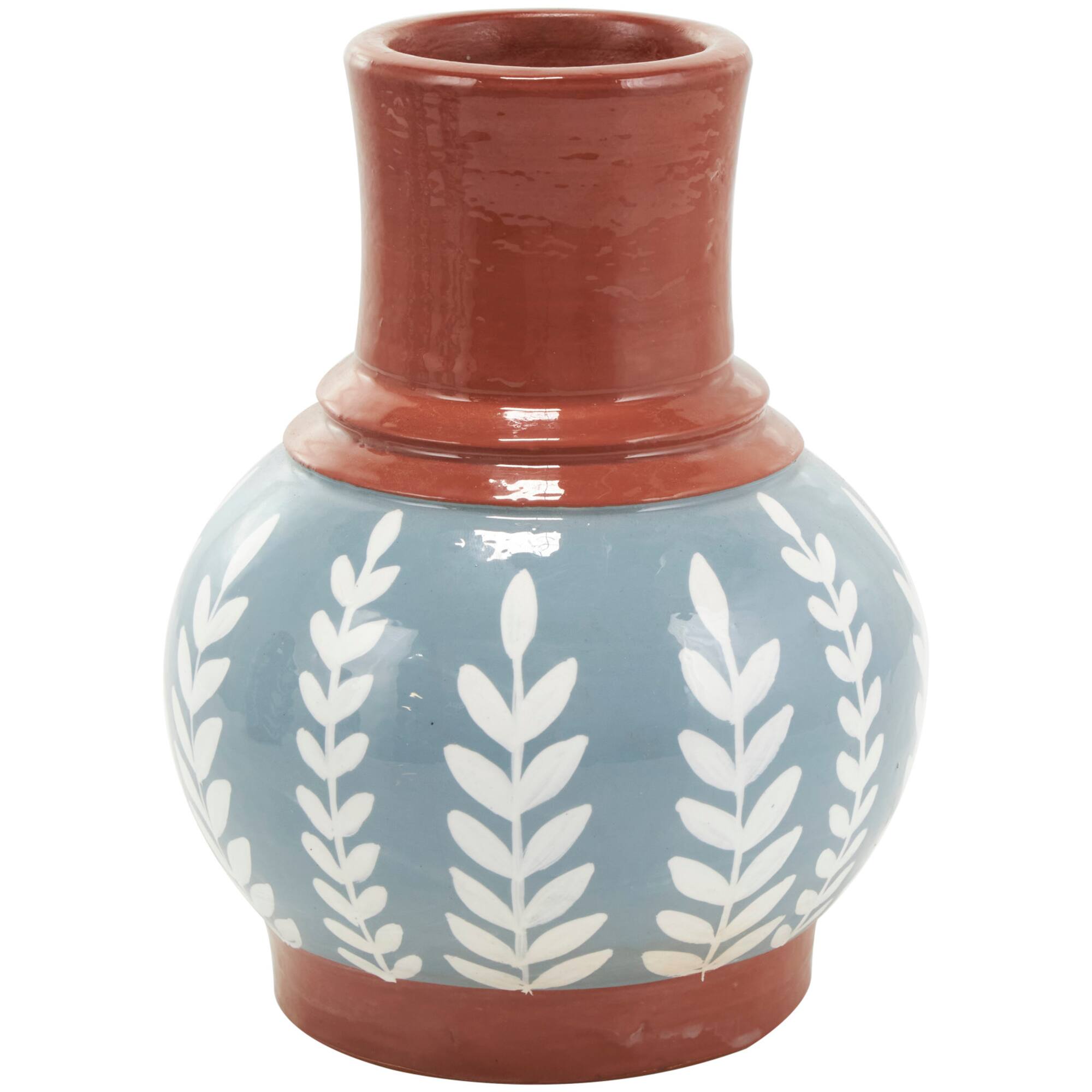 9" Blue Ceramic Floral Vase with Terracotta & White Detailing Set